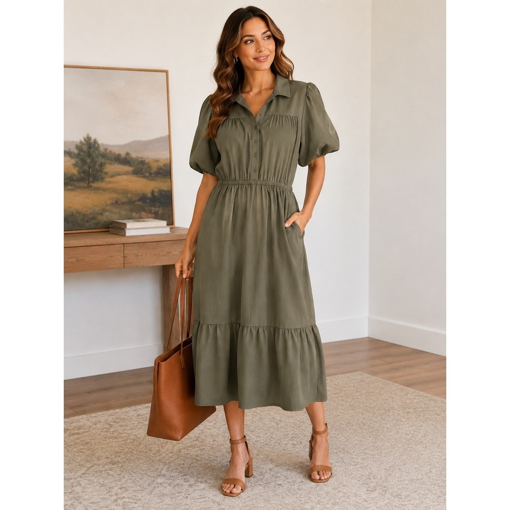 Lucky Brand Olive Green Midi Shirt Dress L Puff Sleeve Tiered Boho Casual Office